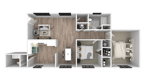 a 3d rendering of a bedroom with a bathroom and a living room